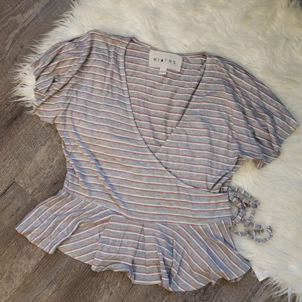 Hiatus - stripped faux wrap top, size L,
